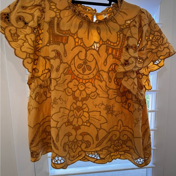 Anthropologie Mustard Floral Lace Blouse - Picture 2 of 5
